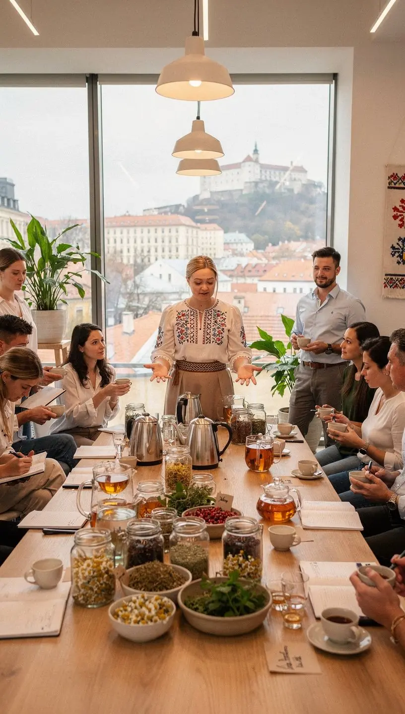 Čajová súprava na stoloch s pohľadom na malebné slovenské hory.