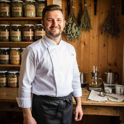 Tradičný hrnček s bylinkovým čajom na drevenom stole.